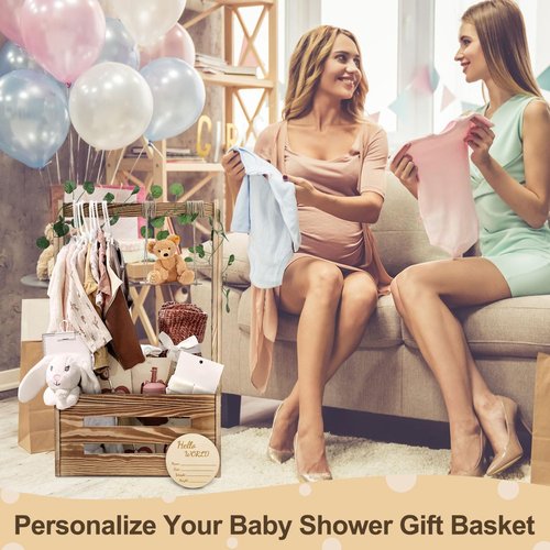 TAEYONK Wooden Baby Shower Crate Closet, Baby Shower Basket with 33.5" High Hanger Rack and Swing, DIY Baby Welcome Box with Handle, Easy Assembly Storage Crate for Pregnancy New Parent（Brown）