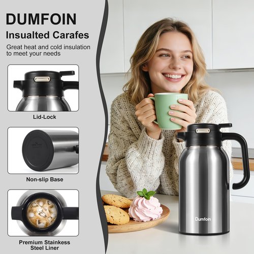 68 Oz Thermal Coffee Carafe, Stainless Steel Insulated Vacuum Coffee Carafes For Keeping Hot Liquid Thermal Pot Creamer Pitcher Dispenser(Silver/Silver)