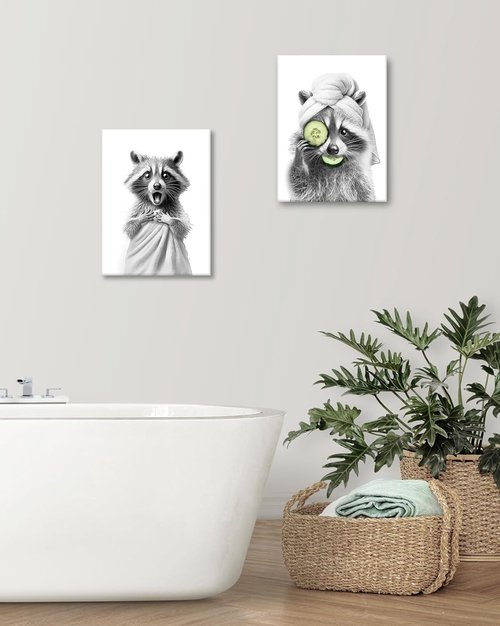 HesenDot Raccoon Wall Art - Funny Black and White Bathroom Canvas Print | 12x16in Cute Decor