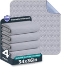 Skiennix Washable Bed Pads - Waterproof Incontinence Underpads | 34" x 36" | 4 Pack, Grey