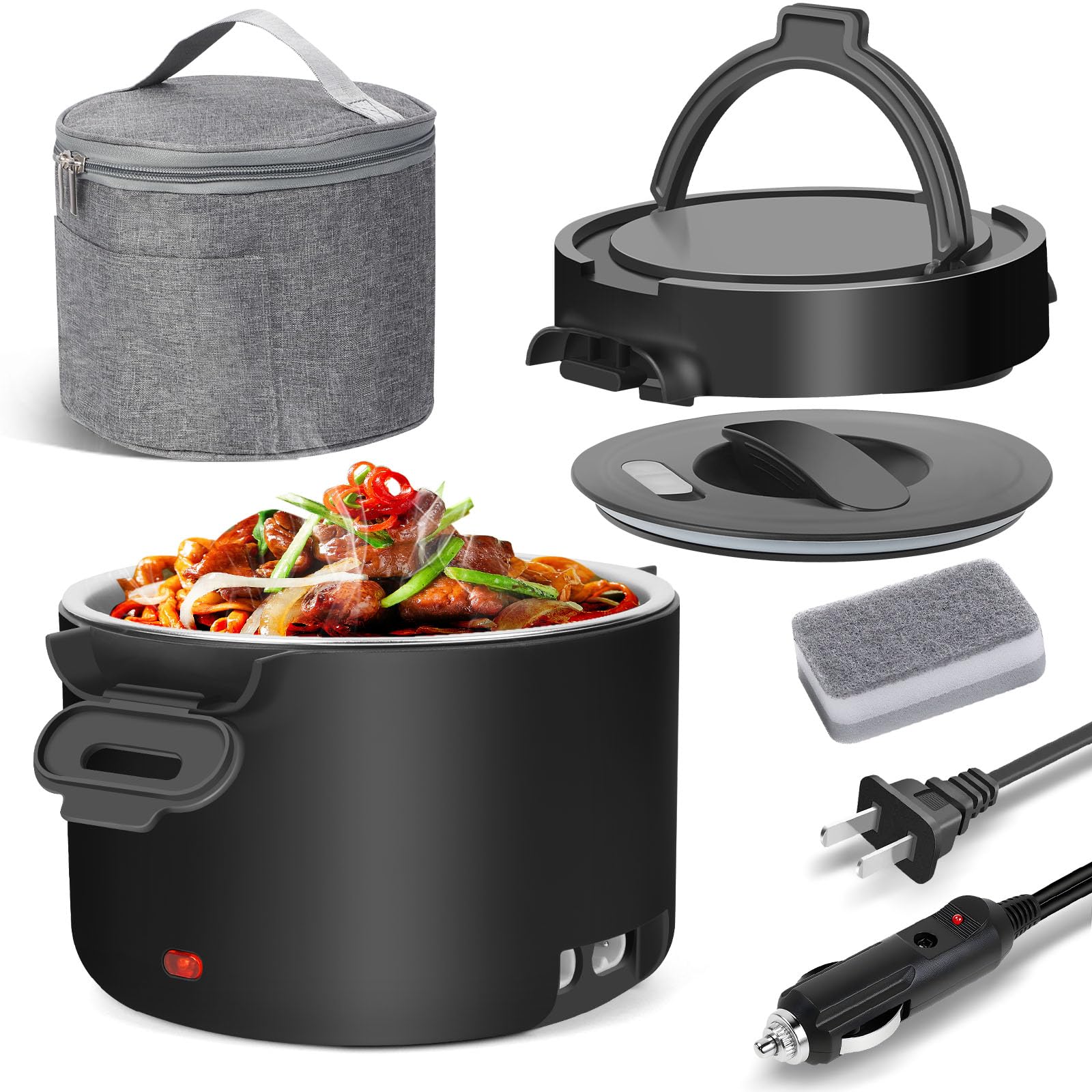 WVJ Electric Lunch Box for Men, 1L/34oz 100W Portable Food Warmer Leak-proof Food Heater for Adults 12V/24V/110V for Car/Truck/Office/On-the-Go Travel Black