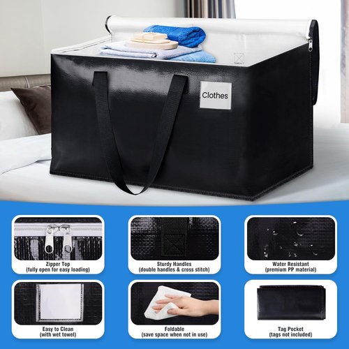 BlissTotes Collapsible Moving Bags - Heavy-Duty Storage Totes with Zippers & Handles | 93L, 6-Pack, Black