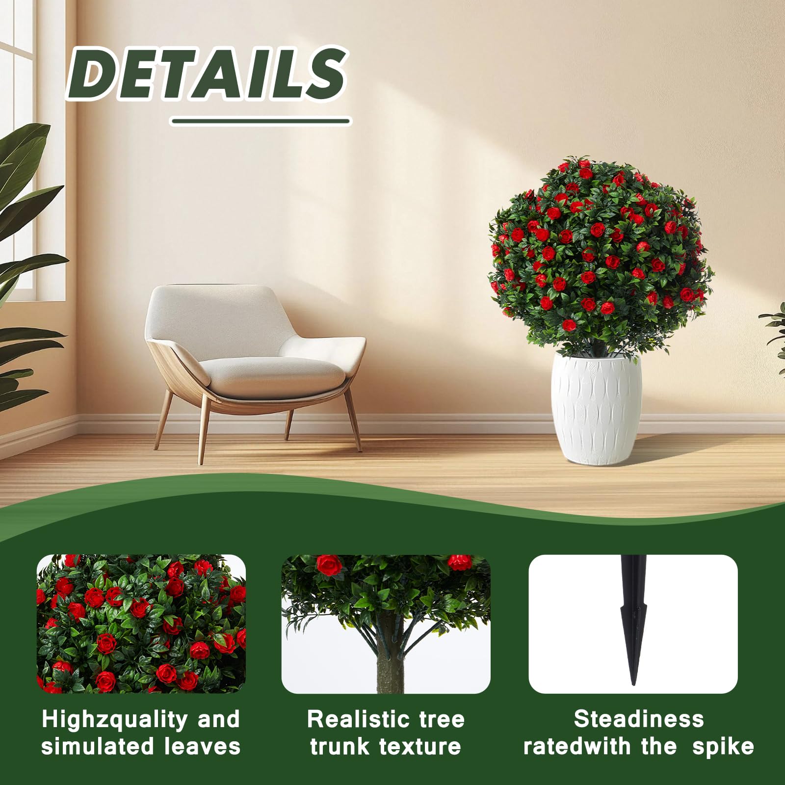 24" Artificial Boxwood Topiary Ball Trees with Red Rose,w/Ground Spike, Set of 2 UV Resistant Fake Evergreen Shrubs Bushes Plants for Artificial Plants,Fake Plants for Front Porch,Garden,Yard