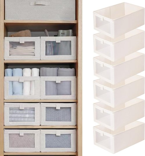 Linen Closet Organizers - 6 Pack Foldable Storage Bins with Clear Window for Clothing & Jeans