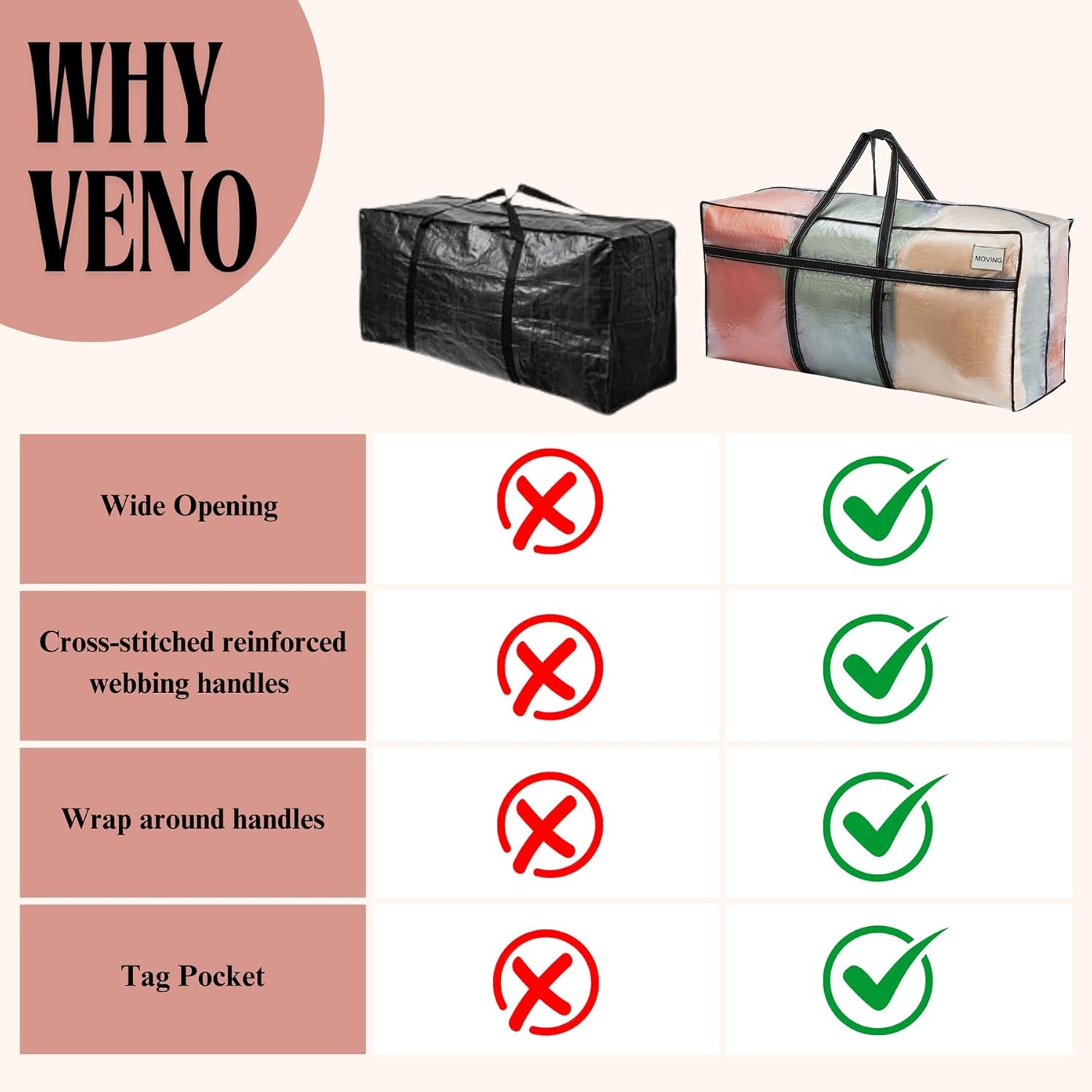 VENO Extra Large Moving Bags - Heavy Duty Storage Solution for College & Christmas | Clear 4 Pack