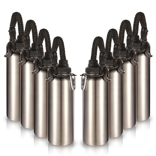 Volhoply Insulated Water Bottles Bulk 8 Pack, 40 oz Stainless Steel Sports Bottle with Paracord Handle & Spout Lid, Vacuum Metal Travel Water Cups with Wide Mouth,Reusable Large jug(Silver,8 Set)