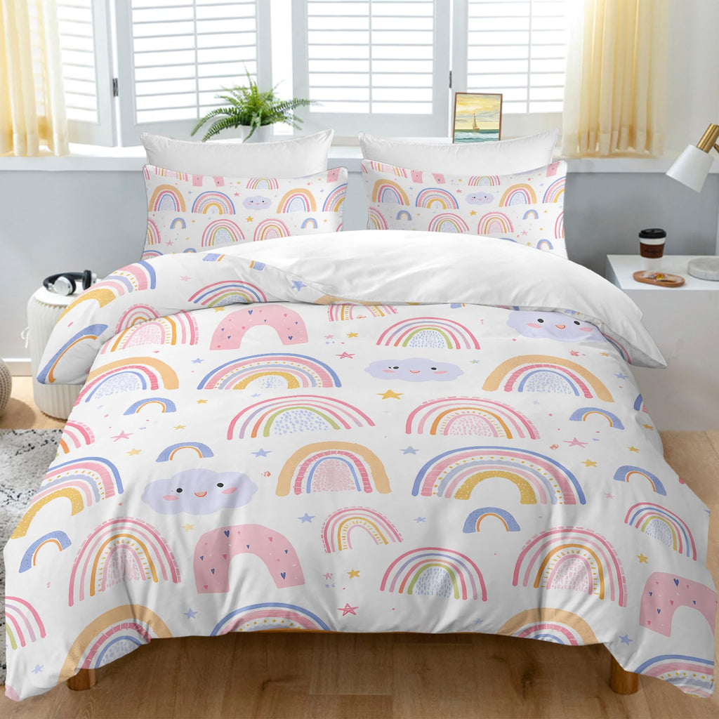 BEDMUST Rainbow Full Duvet Cover Set for Girls Pink and Yellow Rainbow Star Duvet Cover 3 Piece with 2 Pillow Shams(1 Duvet Cover and 2 Pillow Shams)