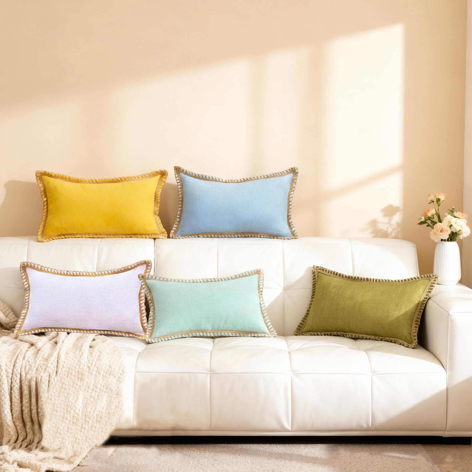 HER HWA Outdoor Lumbar Pillow Covers ONLY Linen Border, 20x12 Inches, Pack of 2 – Water-Resistant, Smooth Zipper, Durable Polyester for Outdoor/Indoor Decor, Machine Washable (Light Blue)