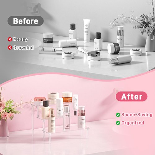 2 Packs Acrylic Display Stand Riser,3 Tier Perfume Organizer Cupcake Stand Acrylic Pop Shelves Holder,Clear Desk Display Shelf for Figure,Trinket,Collectibles,Dessert Tray Stands for Party Decor-7.9in