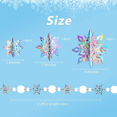 JULMELON 15Pcs Holographic Frozen 3D Hanging Snowflakes - Silver Winter Wonderland Decor