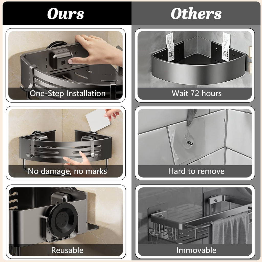 SUBUCOYO Corner Shower Caddy Suction Cup, 2 Pack Shower Shelves Corner No Drilling, Aluminum Alloy Shower Organizer Suction Cup, Removable Bathroom Storage Rack with Towel Bar & Hooks(Gray)