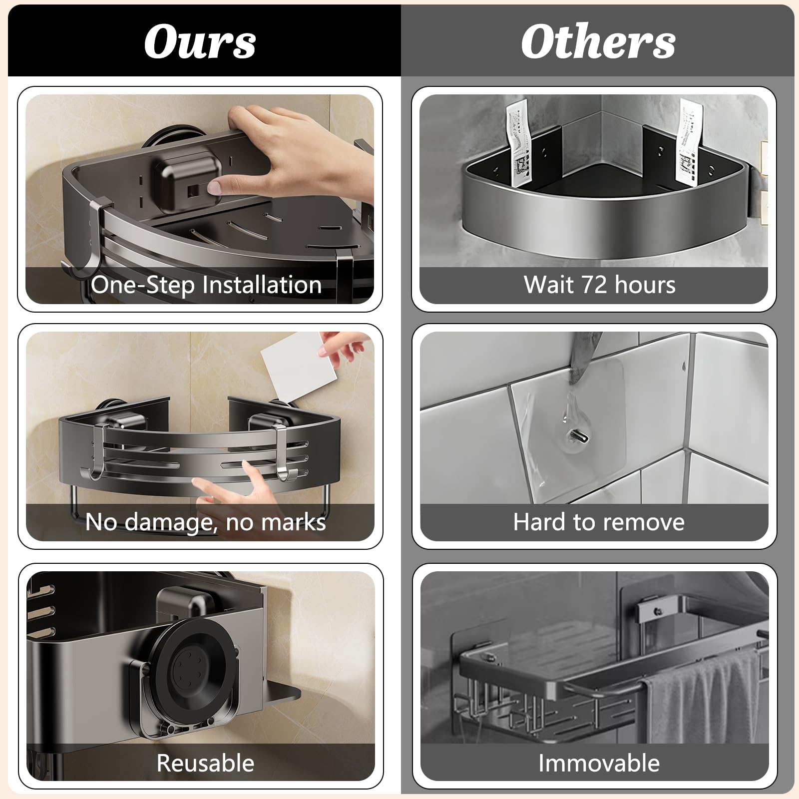 SUBUCOYO Corner Shower Caddy Suction Cup, 2 Pack Shower Shelves Corner No Drilling, Aluminum Alloy Shower Organizer Suction Cup, Removable Bathroom Storage Rack with Towel Bar & Hooks(Gray)