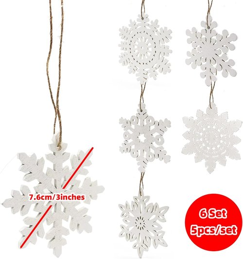 GSD Wooden Snowflake Ornaments - 30pcs Rustic Hanging Decor for Christmas Trees | 3-Inch White