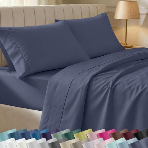 California Design Den Queen Size Sheet Set - 6-Pc 400 Thread Count 100% Cotton, Deep Pocket - Indigo Dusty Blue