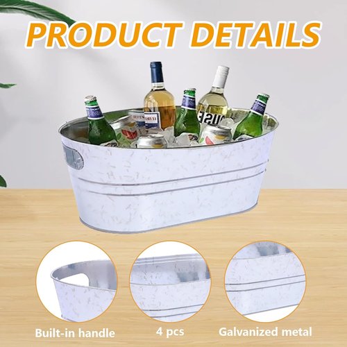4 Pack 4 Gallon Galvanized Ice Buckets for Parties, Large Metal Beverage Drink Tub Cooler with Leak-Proof Carry Handles, Heavy Duty Drink Tin Bins for Beer, Champagne and Wedding Bar Supplies