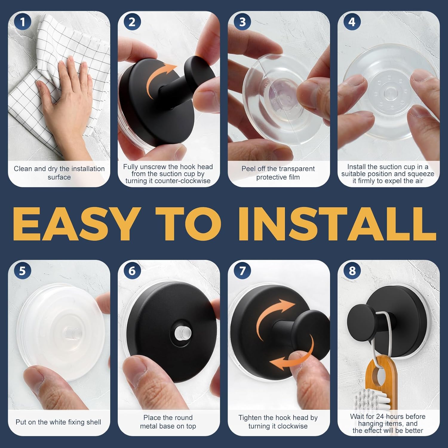 Skiennix Large Suction Cup Hooks - Reusable No-Drill Bathroom Towel Hooks | 4-Pack Matte Black