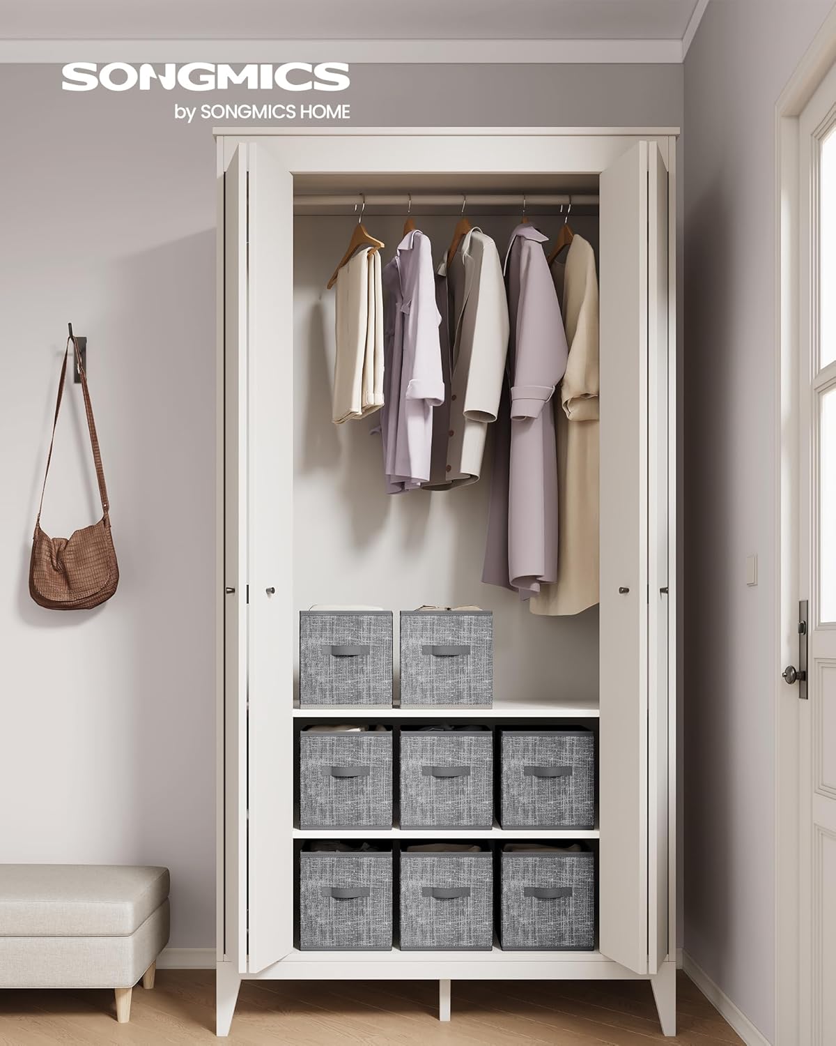 SONGMICS Storage Cubes - Foldable Non-Woven Fabric Bins with Double Handles - Set of 8, Cattail Gray, 10.2 x 10.2 x 11 Inches