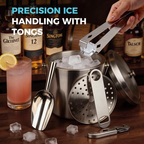 3L Ice Buckets for Parties 6PC Set, Stainless Steel Double-Wall Insulated Ice Bucket with Lid, Scoop, Tongs, Beer & Wine Opener – Ideal for Cocktail Bar, Outdoor Events & Keeps Ice Frozen Longer