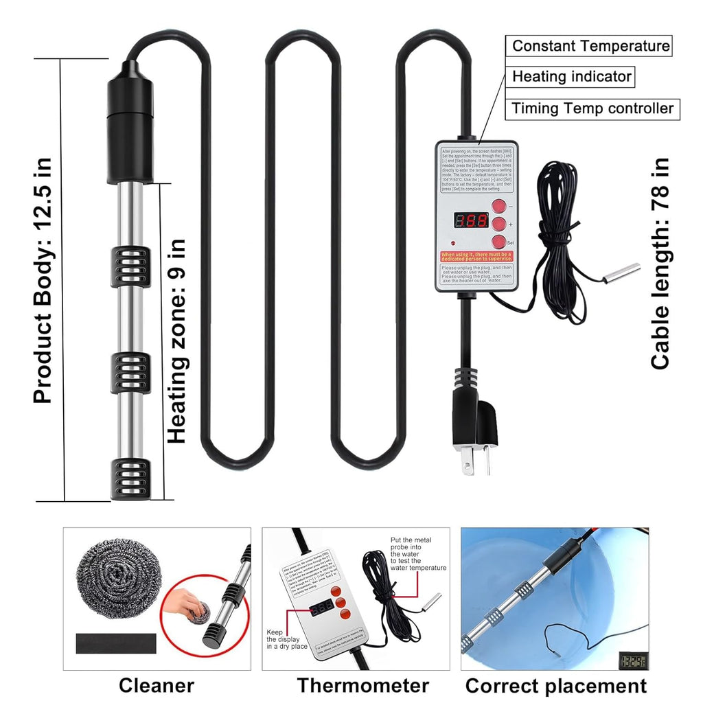 Skiennix 1500W Immersion Water Heater - Portable Submersible Heater with Timer & Thermostat | Safe for Buckets, Pools & Camping