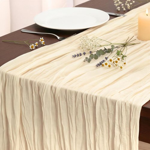 Fixwal Cream Beige Cheesecloth Table Runner - 35x120 Inch | 10 FT Boho Gauze for Weddings & Events