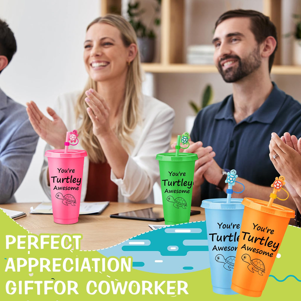 Jingmore 12 Set End of Year Students Gift from Teacher Bulk You're Turtley Awesome 24 oz Plastic Tumblers with Lids and Straw Stoppers Employee Appreciation Cups for Staff Coworker Team Teacher