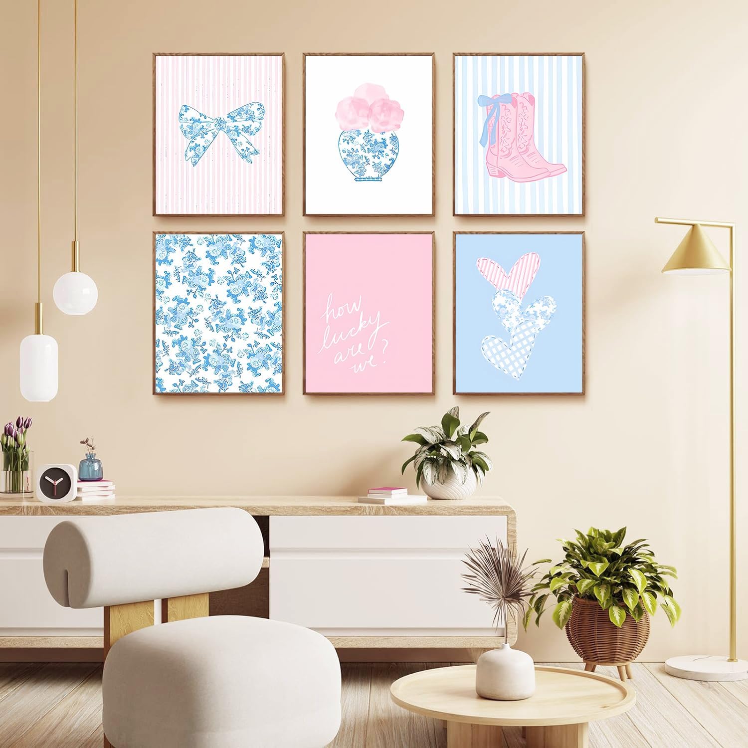 Skiennix Floral Bow Wall Art - Trendy Chinoiserie Watercolor Heart Canvas Prints | Unframed 8x10in