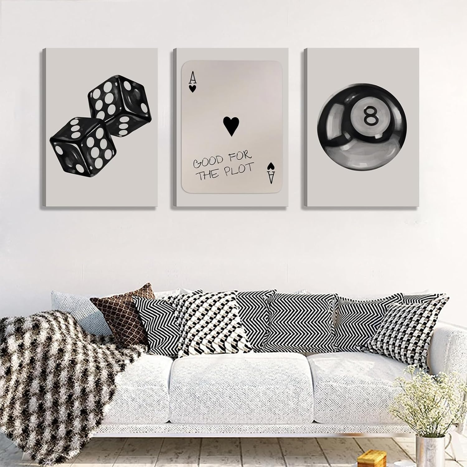 Skiennix 3Pcs Black & White Poker Dice Canvas Wall Art - Retro Y2K Aesthetic Decor | 12x16in Prints for Game Room