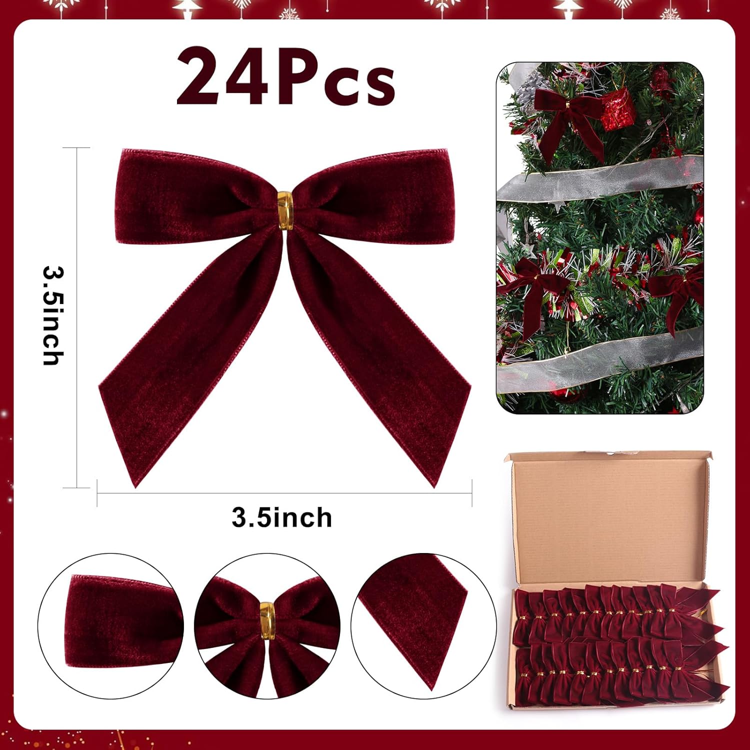 Utehilly Velvet Christmas Bows - 24 Pcs Burgundy Small Decorative Bows for Trees, Gifts & Crafts | 3.5 x 3.5 Inch