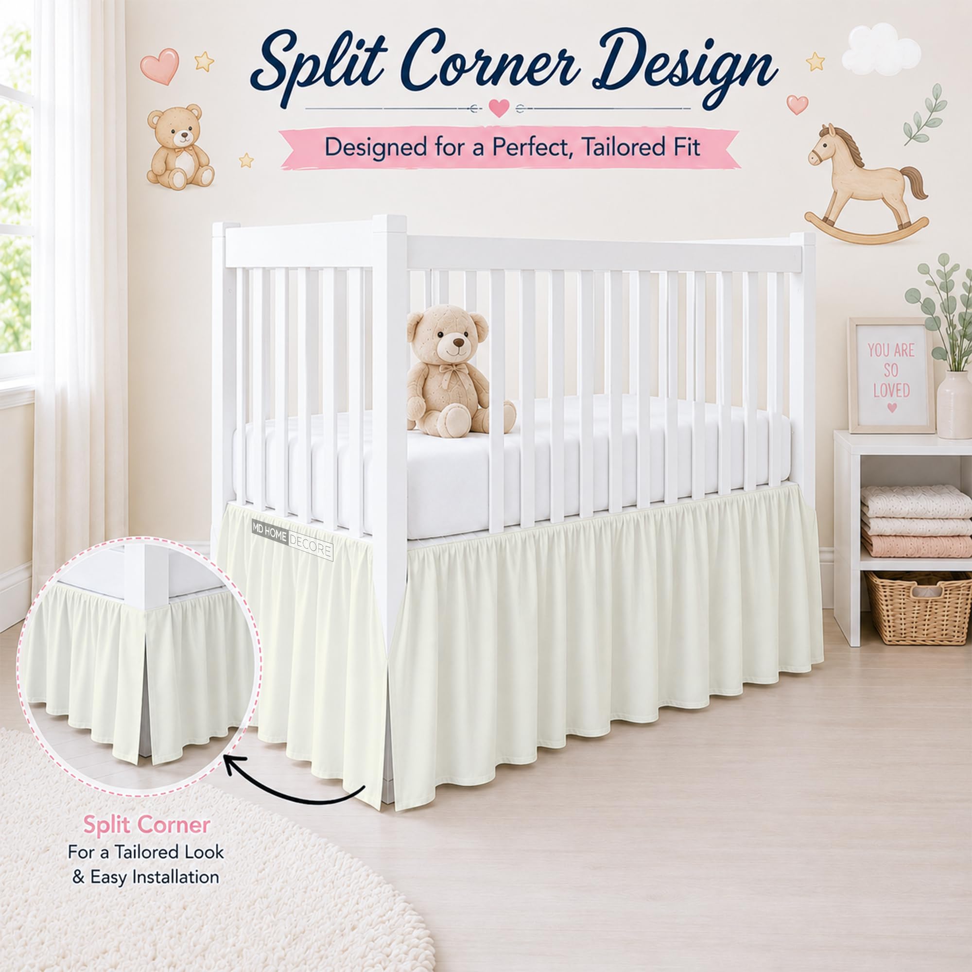 Crib Bed Skirt Dust Ruffle with Split Corners, 100% Cotton, Ivory Nursery Crib Skirt for Baby Boys or Girls, 28x52, 14" Drop, Toddler Bed Skirt, Baby Bedding, Crib Sheet Skirt, Soft & Breathable