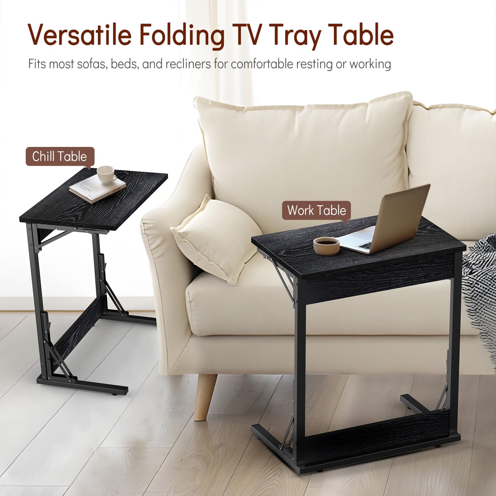 Tatub 24" Folding C Shaped End Table, Small Sofa Side Laptop Desk, Couch TV Tray Table for Living Room, Bedroom, Dark Black