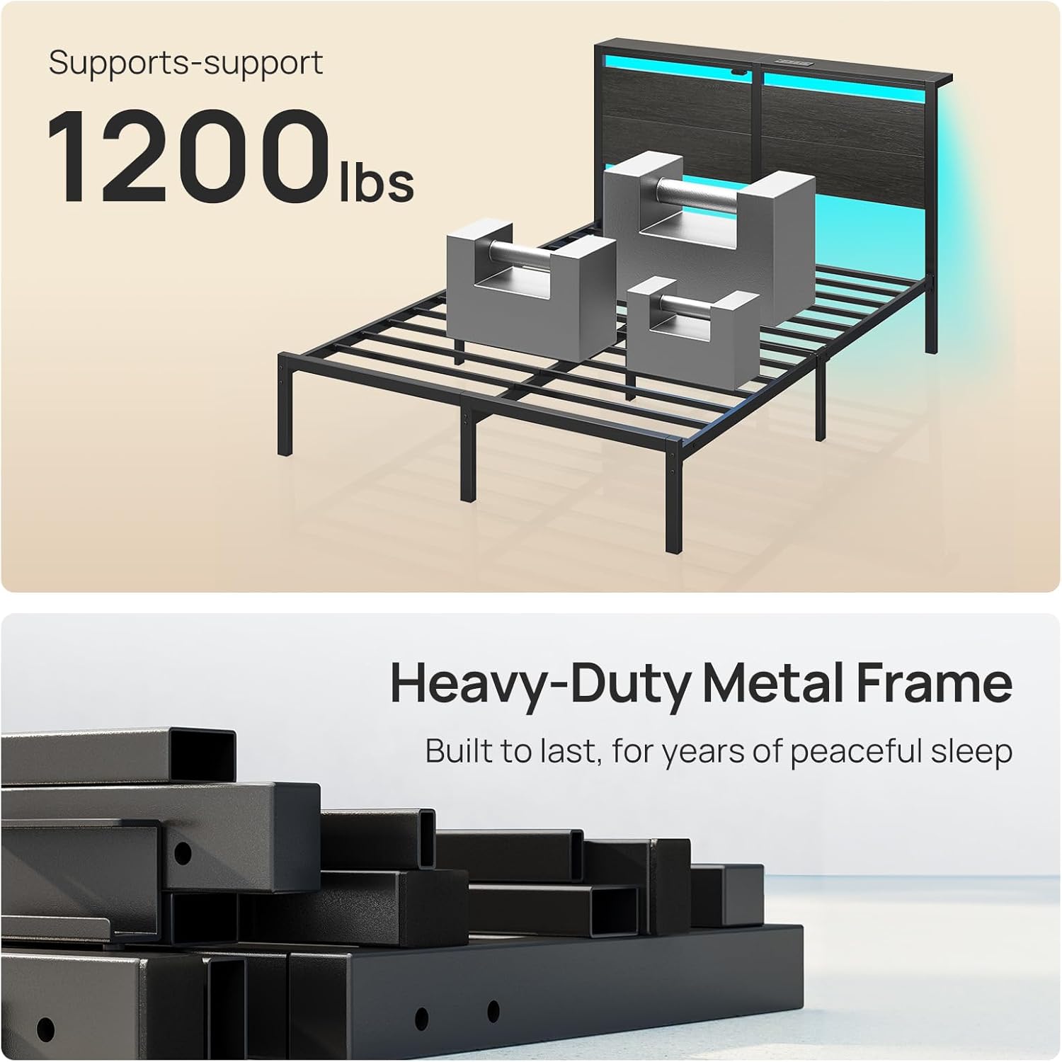 Rolanstar Queen Bed Frame - LED Headboard with Charging Station | Noise-Free Black Oak Design