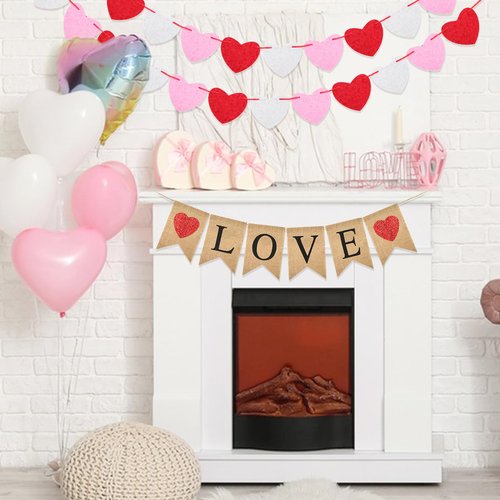 jijAcraft Valentines Burlap Banner with Felt Heart Banner for Valentines Day Décor, Pre-Assembled Rustic Love Hanging Banner & 24pcs Felt Heart Garland Banner Decor for Mantle Fireplace Wall
