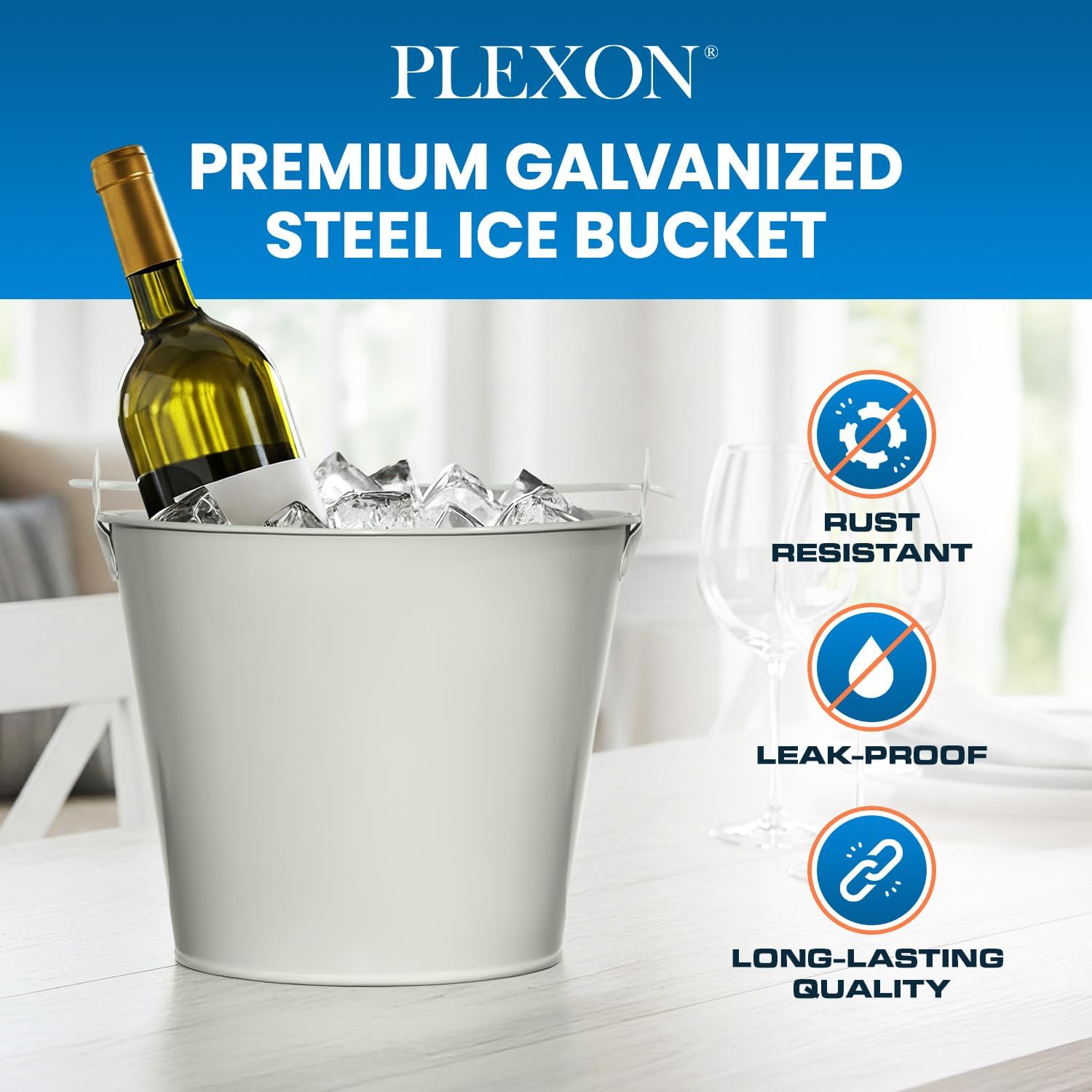 PLEXON Ice Bucket for Parties Coctail Bar Restaurant - Drink Beer Champagne Metal Pail Bucket with Handle, Beverage Chiller, Galvanized Steel, Set of 3