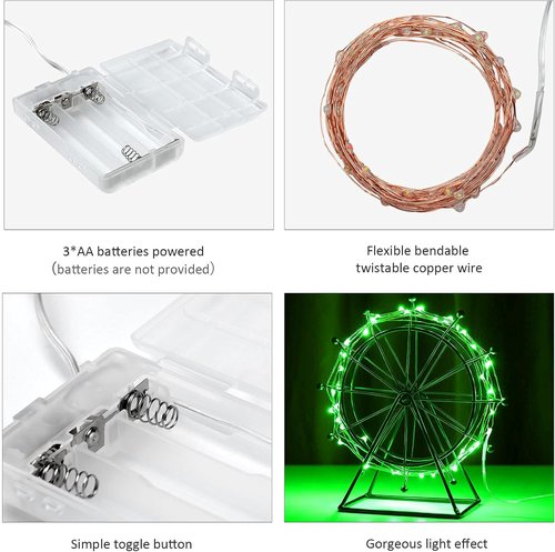 Ariceleo Mini Fairy Lights - Battery Operated Copper Wire String Lights | 5m/16ft Green for St. Patrick's Day & Decor