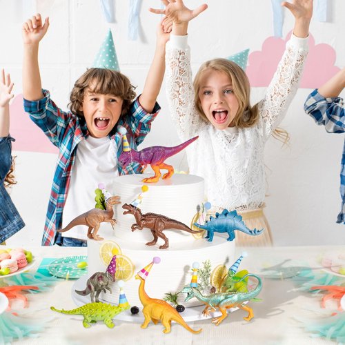 18 Pcs Dinosaur Birthday Party Decorations, Dinosaur Cake Toppers Mini Birthday Hat Animal Figure Model Cake Decoration with Mini Hat for Themed Birthday Party