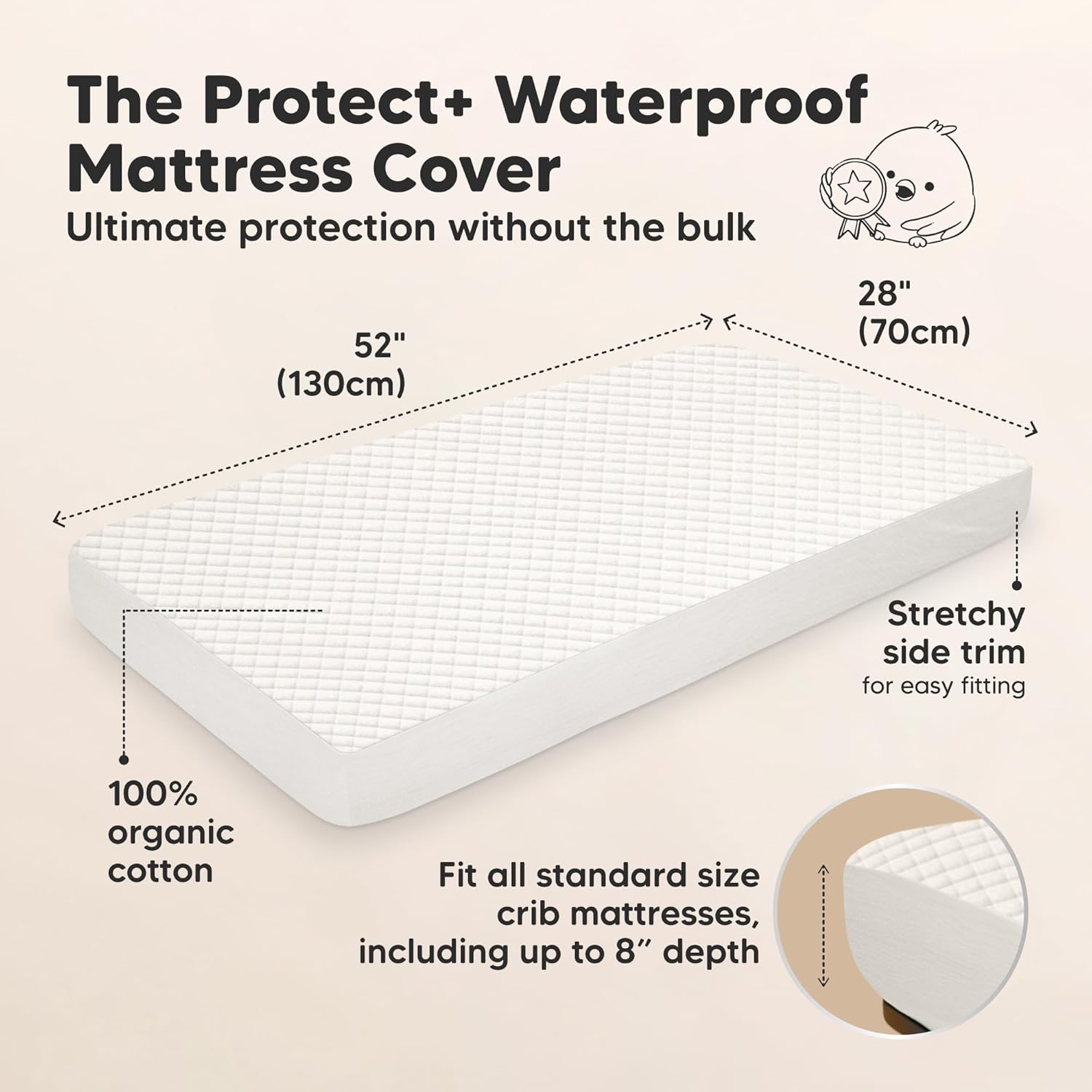 Skiennix Waterproof Crib Mattress Protector Cover - Soft Quilted Cotton Pad, 52" x 28", Machine Washable, Easy Fit