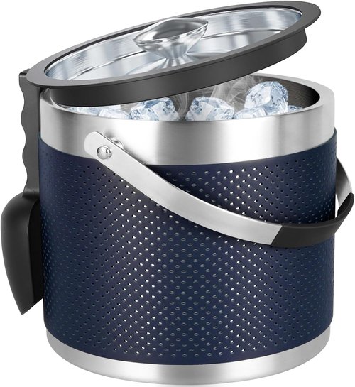3Quart/3.2L Insulated Stainless Steel Ice Bucket with Lid, Scoop, Leather Design Double Wall Wine Bucket for Cocktail Bar, Parties (Dark Blue)