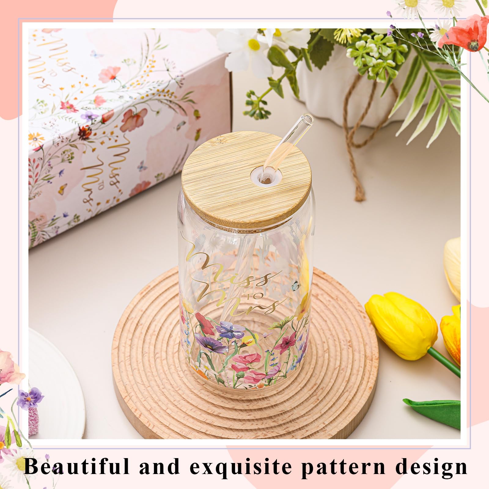 Mumufy Bride to Be Gifts 16oz ‘‘Miss to Mr’’ Bridal Tumbler Glass Cup with Bamboo Lid & Straw, Bridal Shower Engagement, Wedding Day & Bachelorette Party Gift for Future Mrs Wife Bride