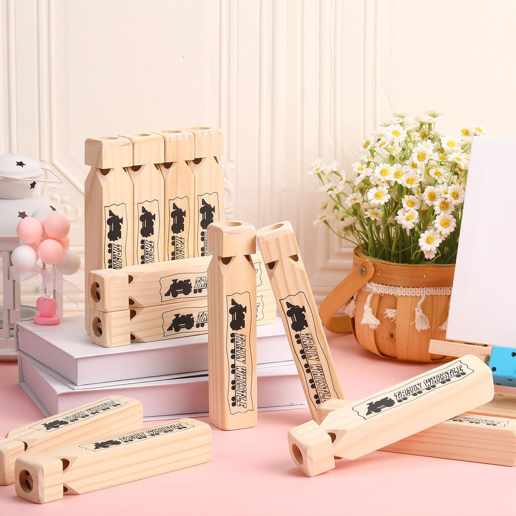 Lenwen 24 Pcs 7.4" Wooden Train Whistles for Kids 4 Tones Train Themed Party Favors Noisemaker Toys for Birthday Party Carnival Prize Educational Game