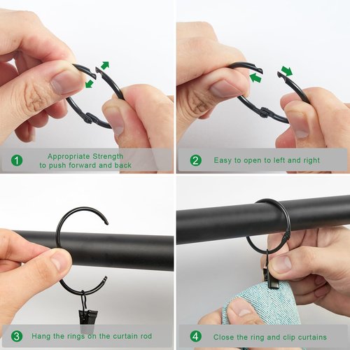 LLPJS Openable Curtain Rings with Clips, Open Drapery Rings with Hooks, Curtain Clips 1.26 inch Interior Diameter, Fit up to 1" Curtain Rod (Black, 1.26" I D Set of 36)