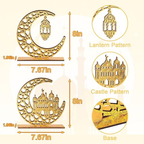Ramadan Decorations, 2 Pieces Wood Ramadan Decorations for Home, Gold Islamic Crescent Moon & Mosque Table Sign, Ramadan Mubarak Kareem Home Decor Art Craft for Muslim, Eid Centerpieces Decor