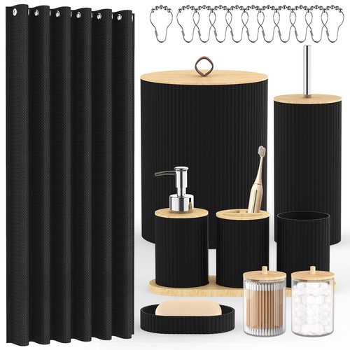 PLIOW Bathroom Accessories Set - 22PCS Black Bathroom Set with Shower Curtain,Trash Can,Toilet Brush Holder Set & Soap Dispenser – Stylish & Functional Bath Decor for Home, Apartment