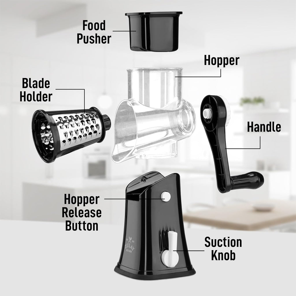 Zulay Kitchen Rotary Cheese Grater - 5 Blade Manual Cheese Shredder with Suction Base & Interchangeable Drums