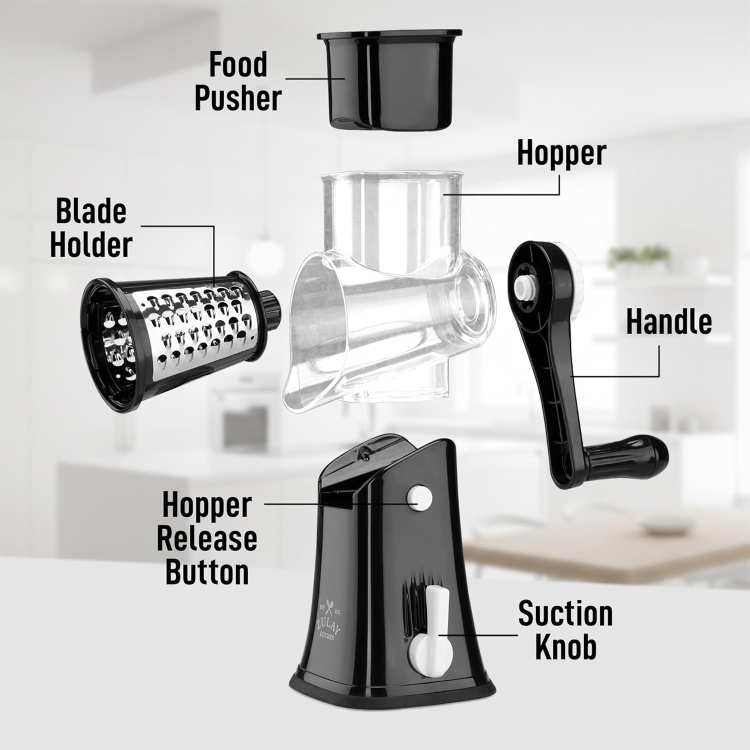 Zulay Kitchen Rotary Cheese Grater - 5 Blade Manual Cheese Shredder with Suction Base & Interchangeable Drums