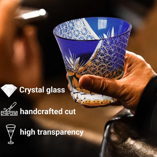 SANMENMO Edo Tokyo Kiriko Whiskey Glasses- Japanese Style Luxury Handcrafted High Transparency Crystal Royal Lucky Blue Pattern Crystal Cocktail Tumbler- Gift for Men, Scotch,Wine and Rum Lovers-1 Cup