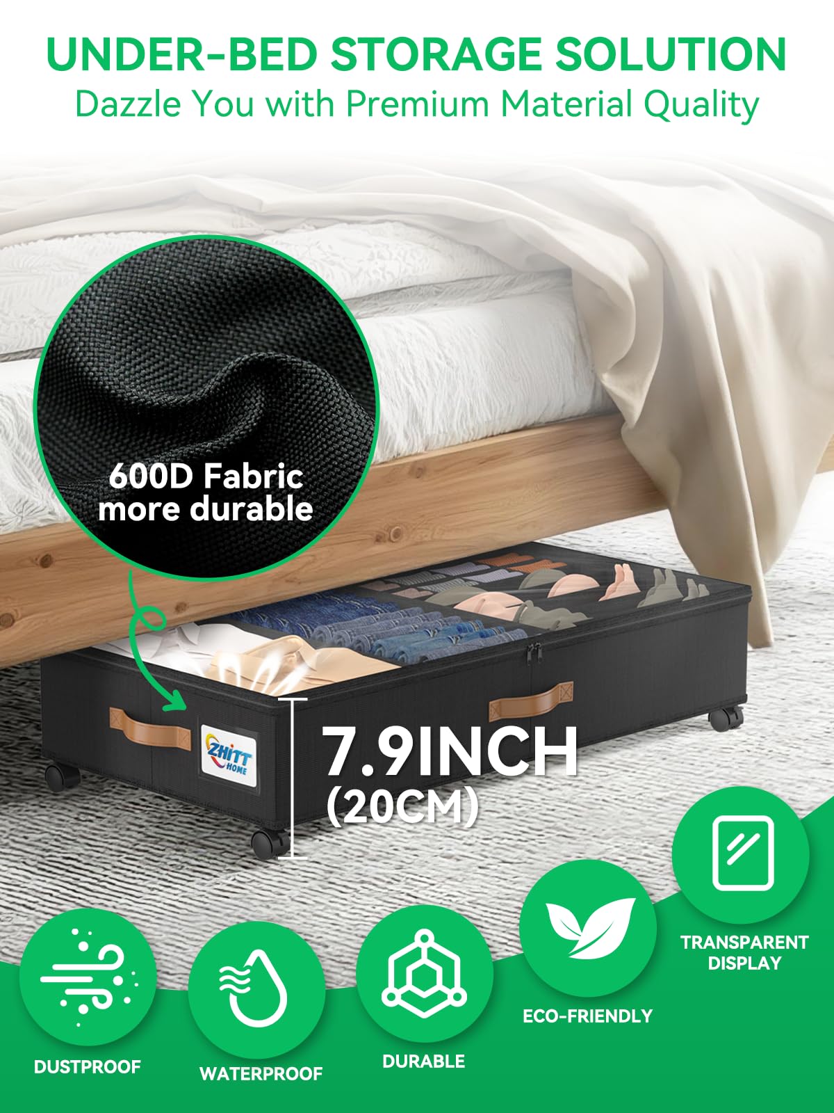 ZHITTHOME 2Pack Under Bed Storage with Wheels, 58L XXL UnderBed Shoe Storage Containers, Clothes Organizer & Bedroom Furniture Organizers, Foldable Home Storage Bins for Bedroom Organization - Classic