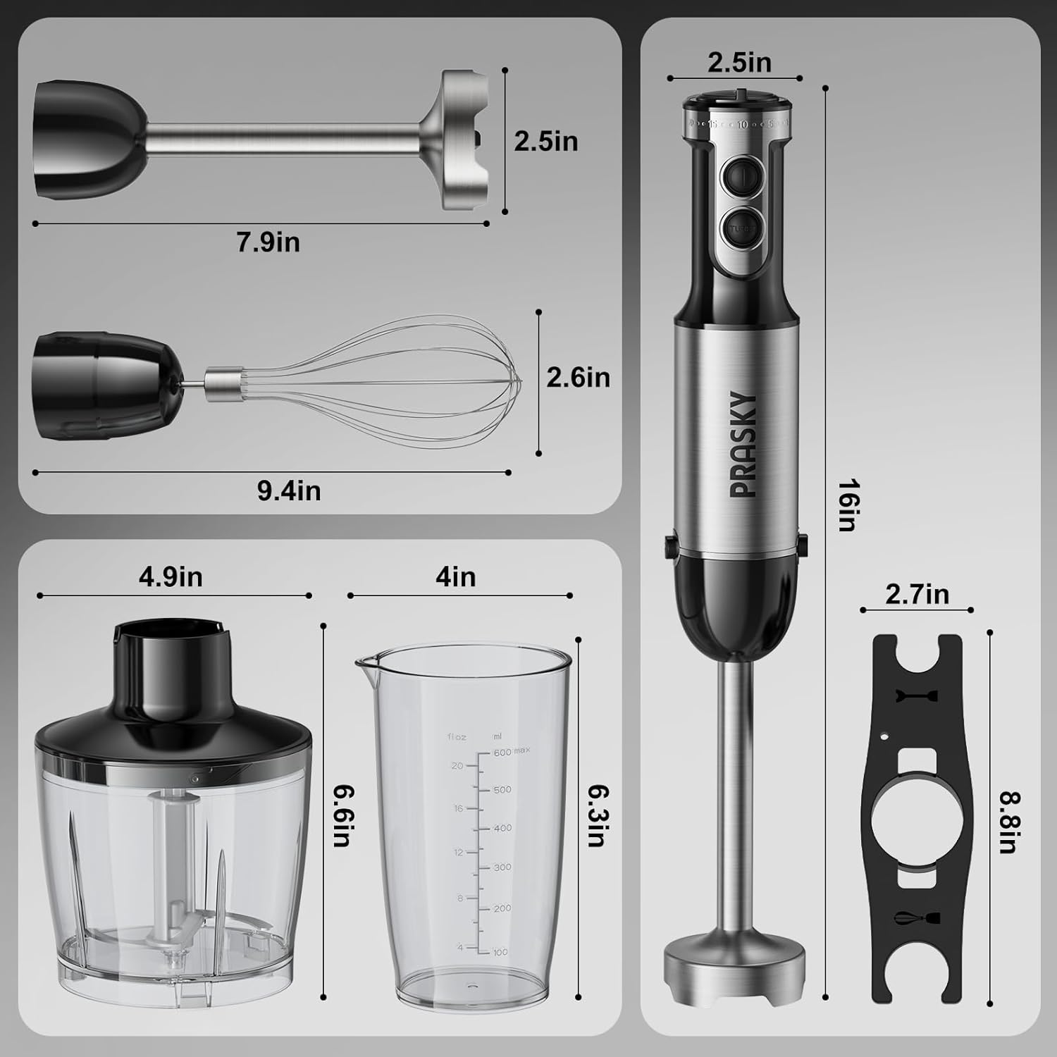 Skiennix Immersion Blender - 20-Speed Handheld Blender with Turbo Mode & Stainless Steel Blades | 600ml Beaker & 500ml Chopper (Silver)