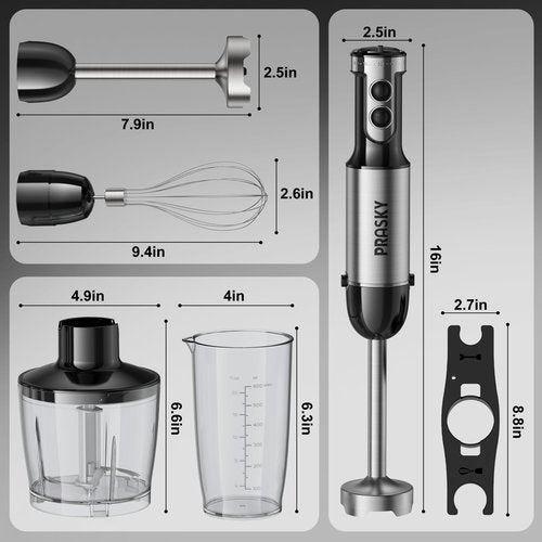 Immersion Blender Handheld Hand Blenders, 20 Speed & Turbo Mode Hand Held Blender, Heaviest Duty Copper Motor, Stainless Steel Blades, Milk Frother Wand, Whisk, 600ml Beaker, 500ml Chopper (Silver)