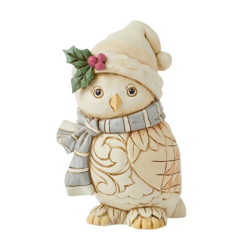 Enesco Jim Shore Heartwood Creek White Woodland Owl Wearing a Hat and Scarf Miniature Figurine- Stone Resin Hand Painted Crafted Collectible Mini Figurines Christmas Home Decor Statue, 4.72 Inch