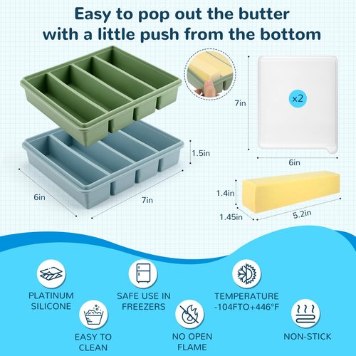 Silicone Butter Mold with Lid, Butter Mold for Homemade Butter, Non-Stick Tray Fits Standard Butter Stick Size, Large Cavity, Holds 8 Tablespoons, Stick Container for Energy Bar, Soap Bar, Pack of 2